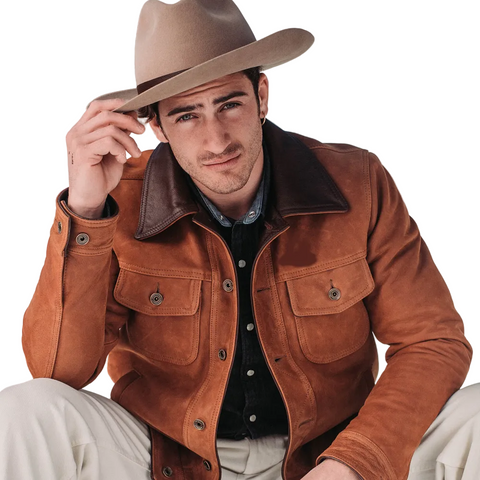 men's brown fringe suede leather jacket leif back view