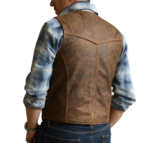 men's brown distressed leather vest marlow back view