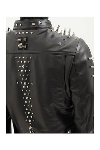 women's black studded leather leather coat elara back view