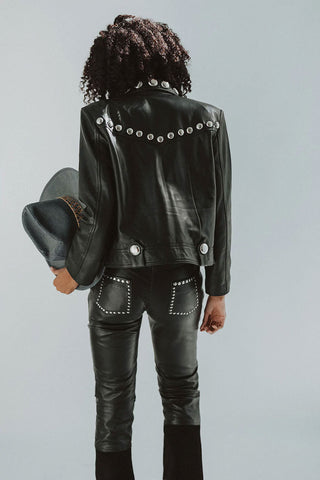 women's black studded leather biker jacket sabine back view