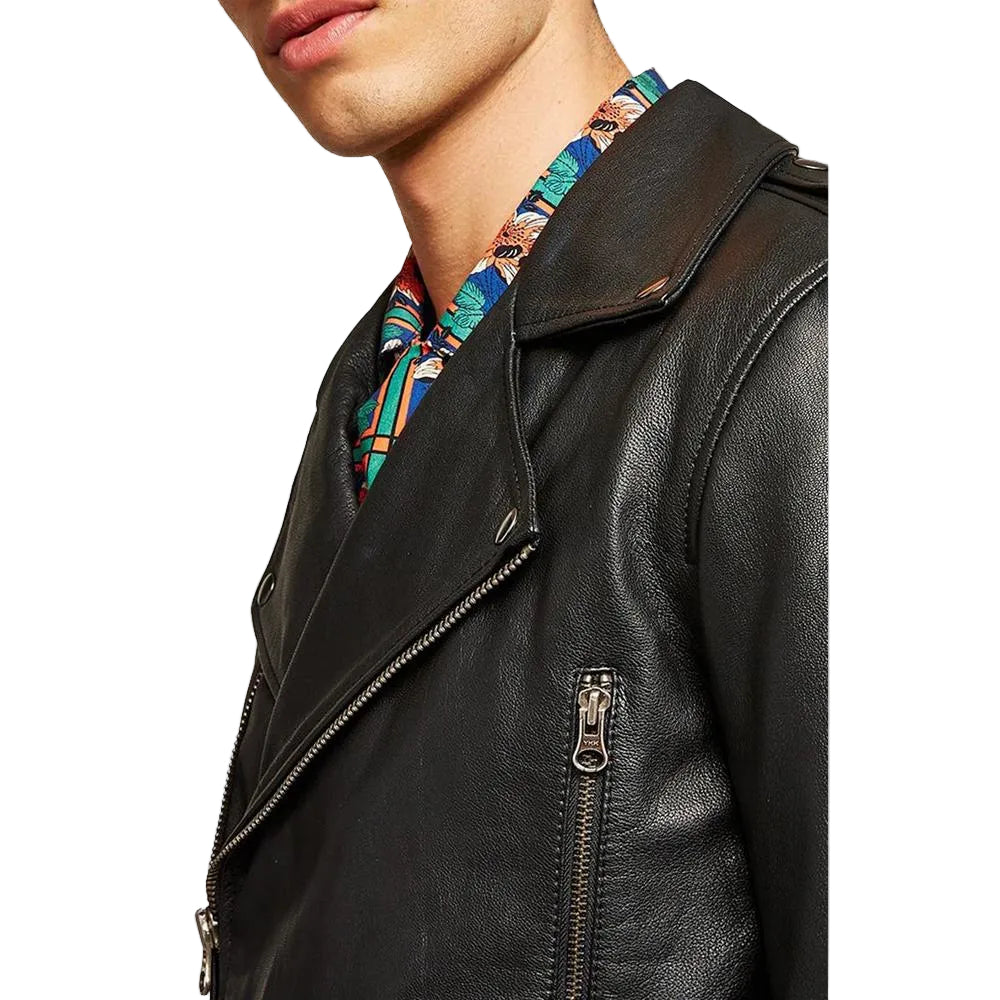 men's black lambskin leather biker jacket bastian back view