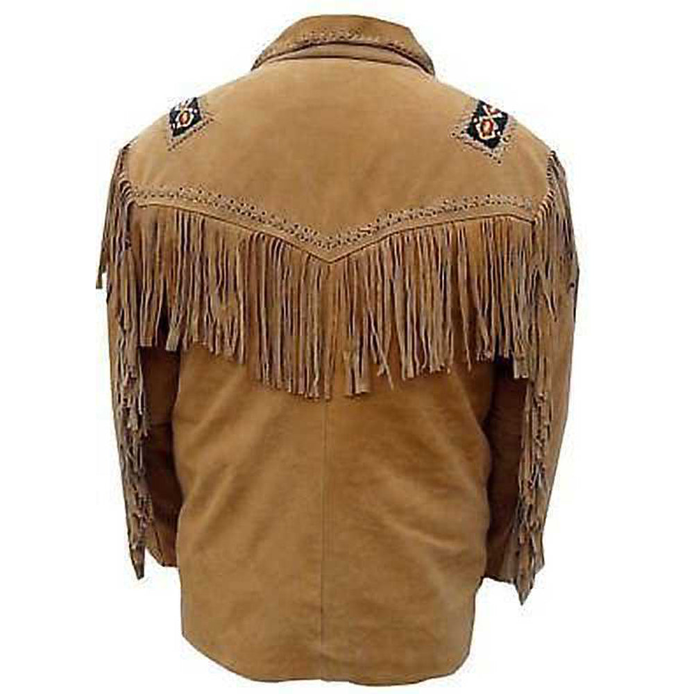 Men Tan Brown Western Cowboy Fringe Leather Jacket - AMSEL LEATHERS