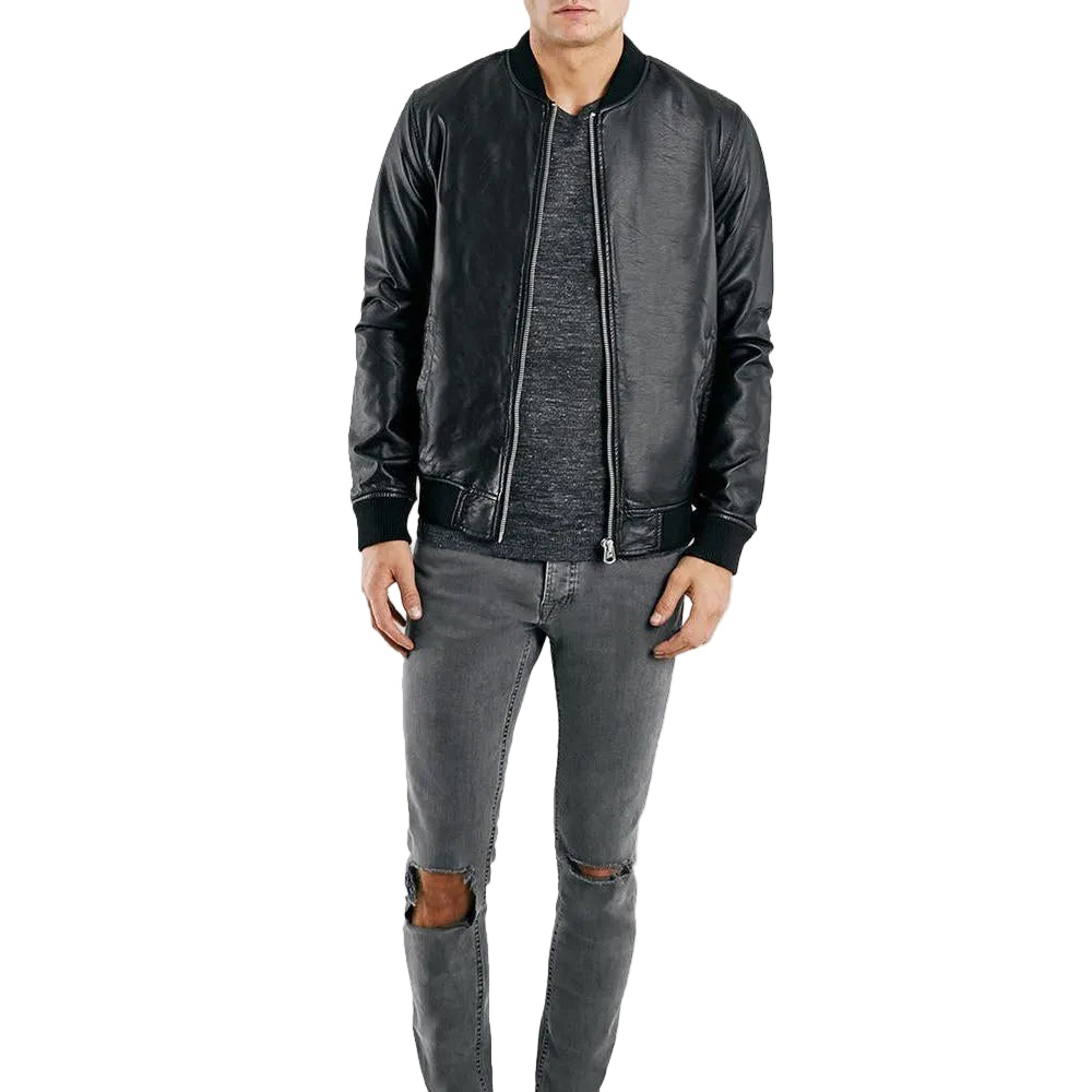 men's black lambskin leather bomber jacket adler back view
