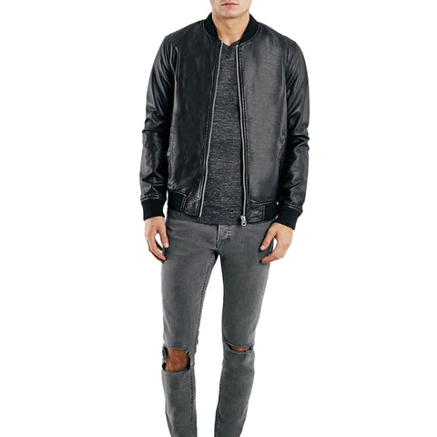 men's black lambskin leather bomber jacket adler back view