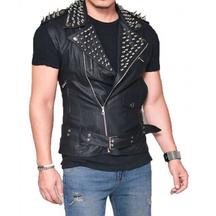 Men's Black Biker Real Leather Silver Spike Punk Vest - AMSEL LEATHERS