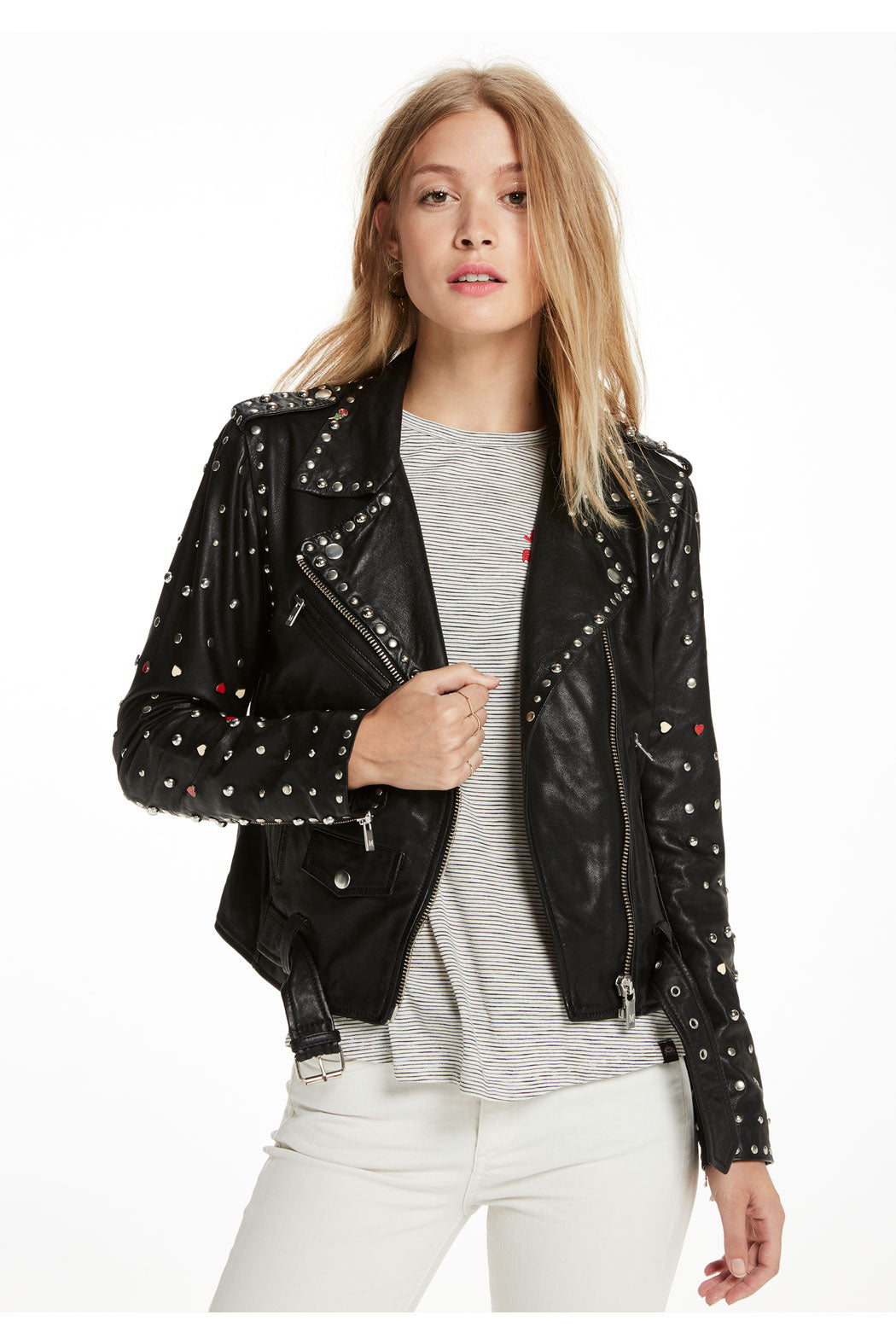 • black leather moto jacket studs close up
