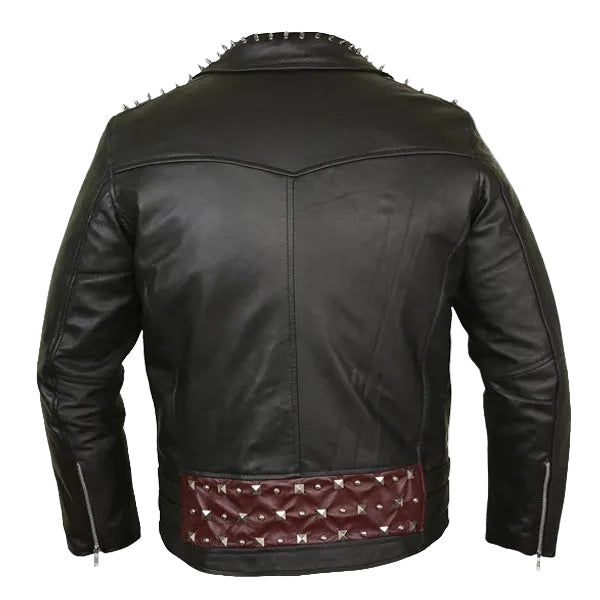 • red quilted lining leather jacket detail

