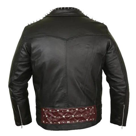• red quilted lining leather jacket detail
