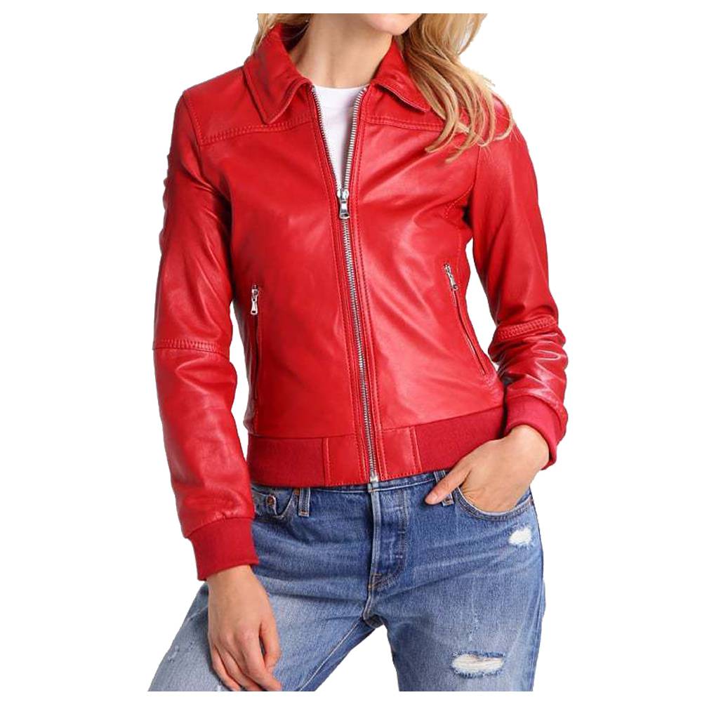 WOMEN RED BOMBER MOTORCYCLE LAMBSKIN SLIM FIT JACKET - AMSEL LEATHERS