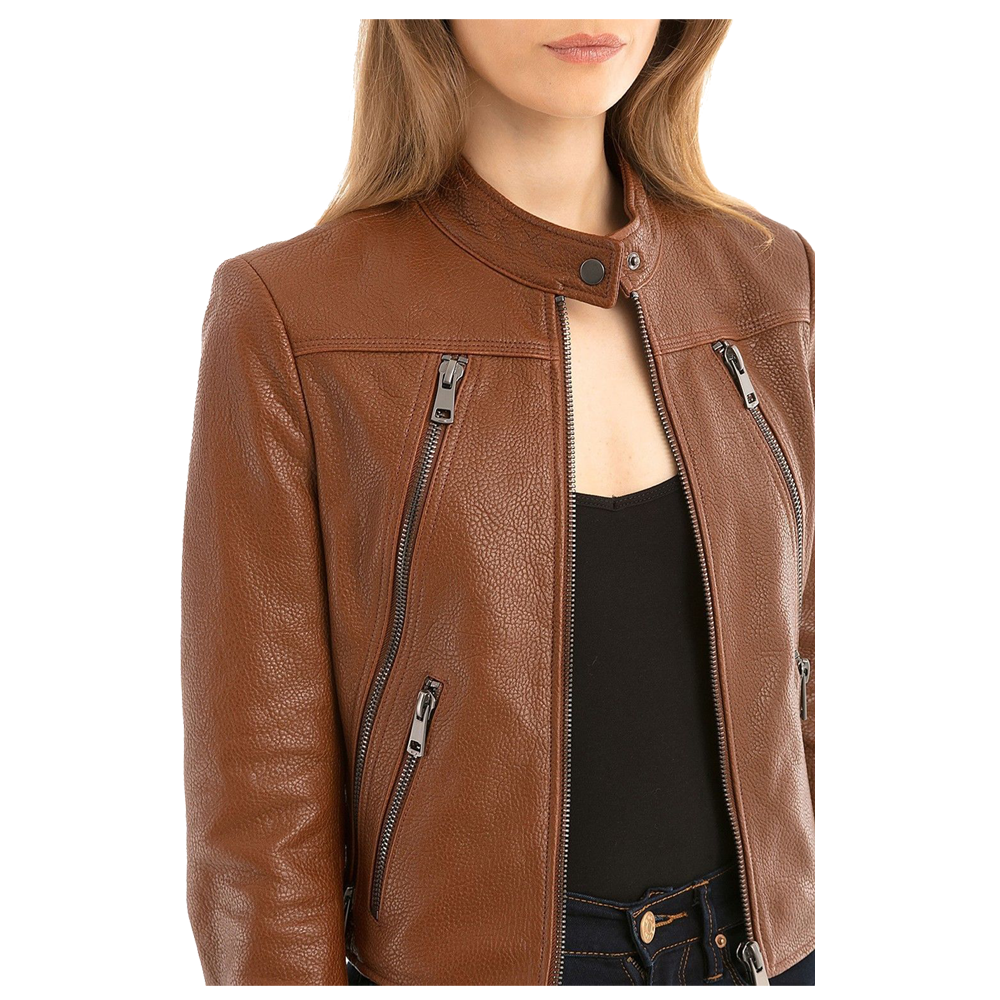 Women Slim Fit Fashion Brown Biker Leather Jacket - AMSEL LEATHERS