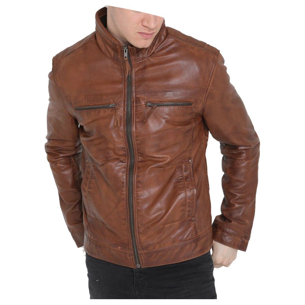 Men Brown Genuine Sheepskin Leather Fashion Jacket - AMSEL LEATHERS