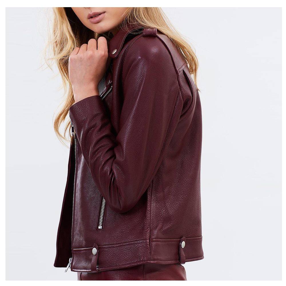 WOMENS BURGUNDY LEATHER BIKER JACKET MOTORCYCLE LAMBSKIN JACKET - AMSEL LEATHERS