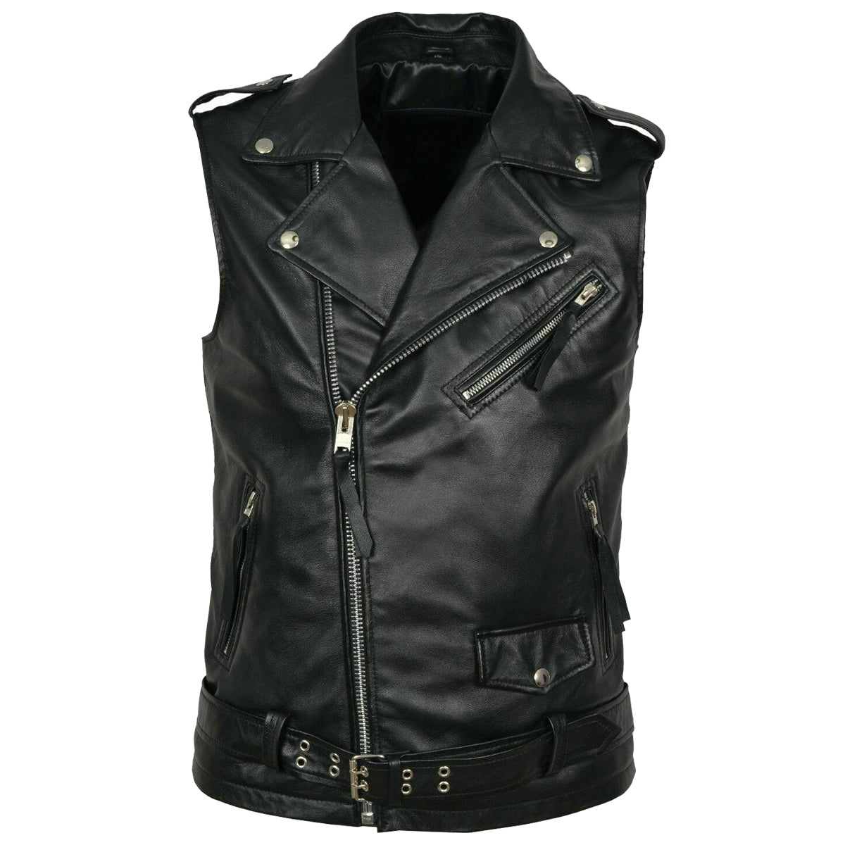 Men Classic Motorcycle Black Leather Vest - AMSEL LEATHERS