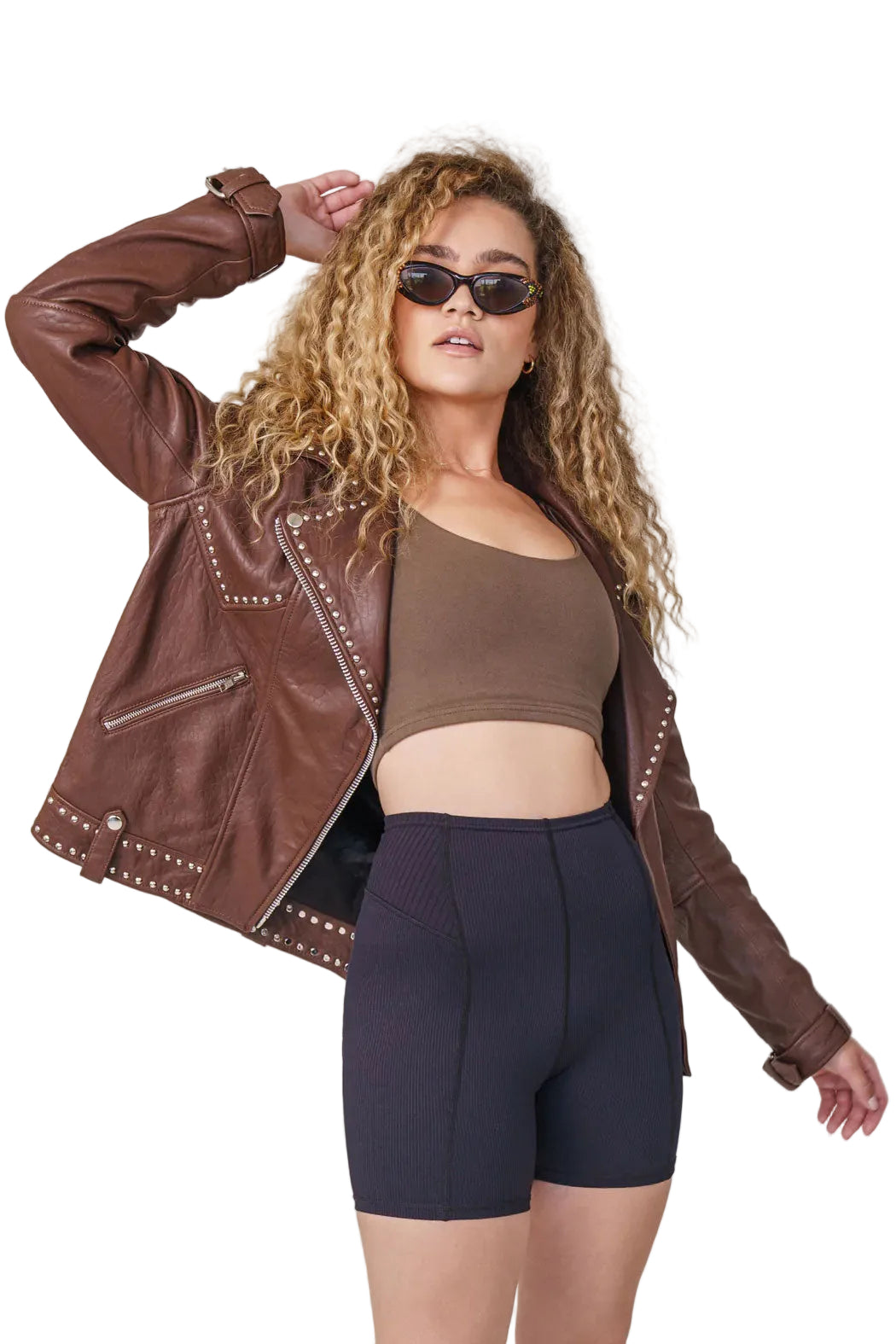 • brown biker jacket side angle womens
