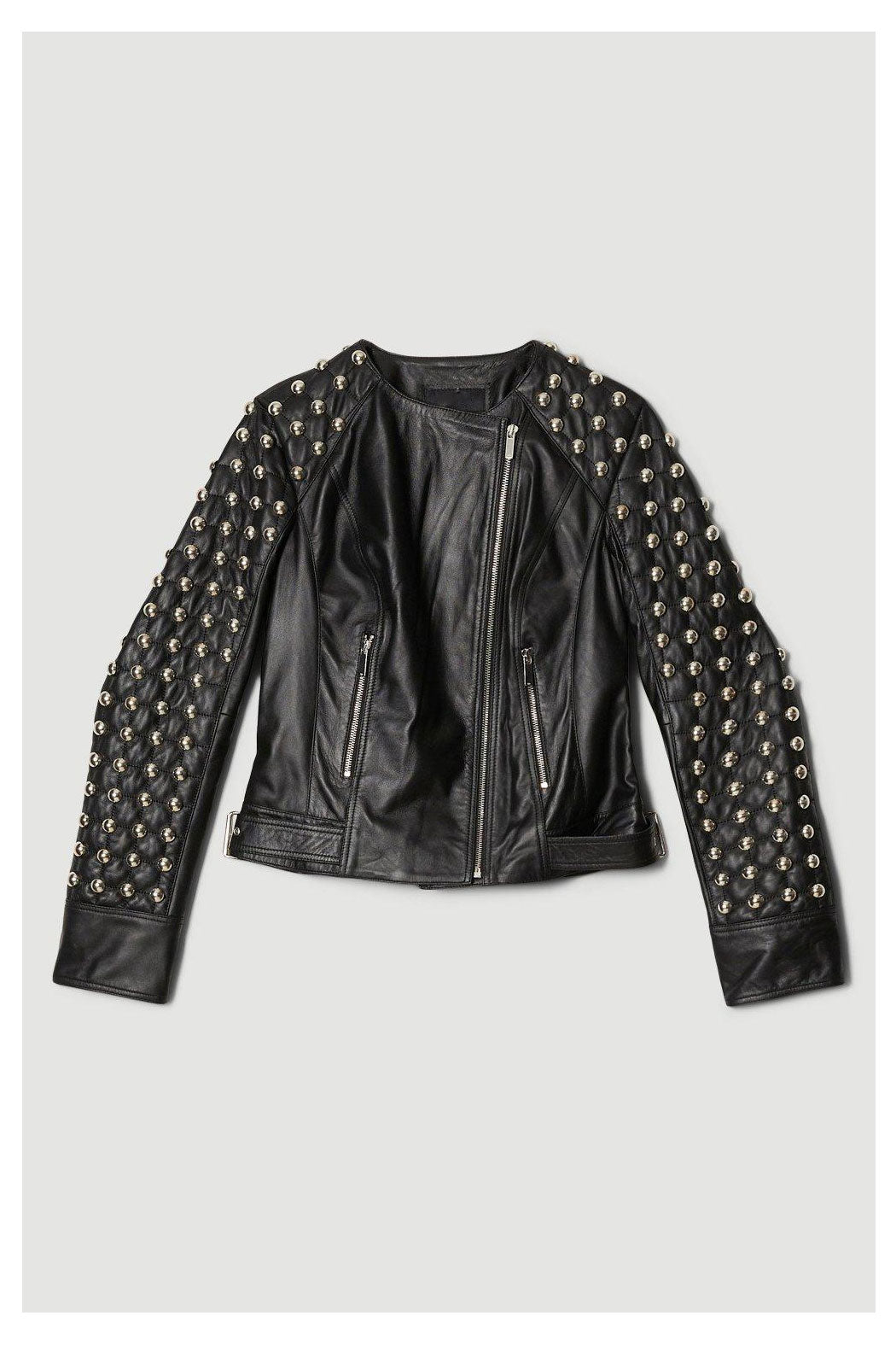 • womens biker jacket studs sleeve detail
