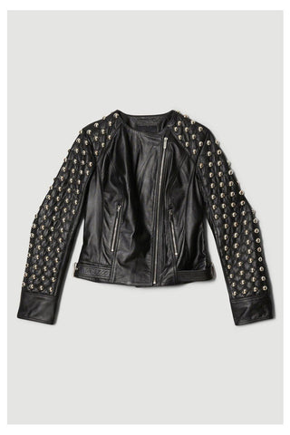 • womens biker jacket studs sleeve detail
