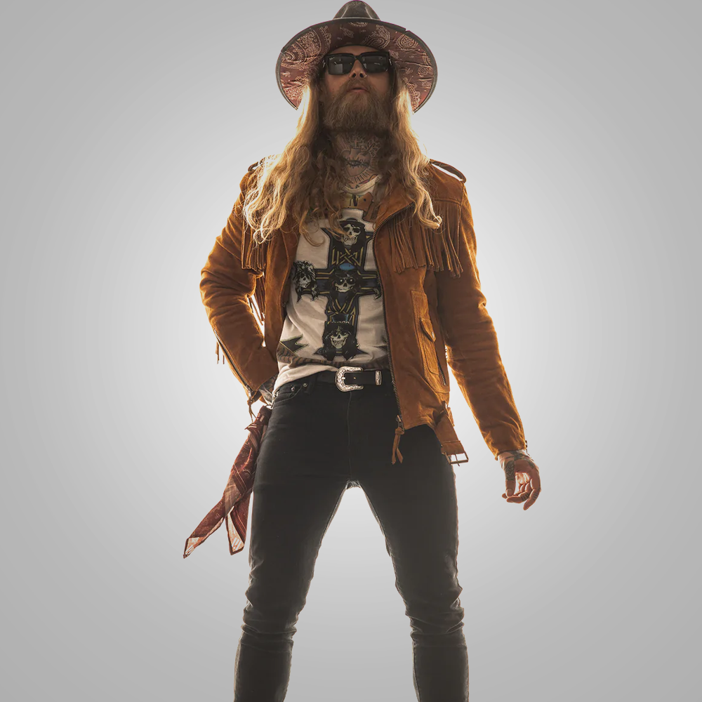 men's brown fringe suede leather jacket armand detail close up