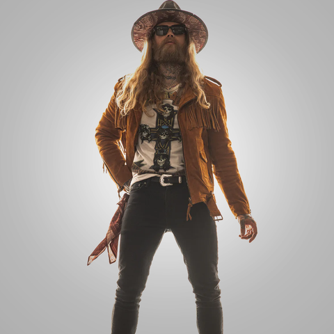 men's brown fringe suede leather jacket armand detail close up