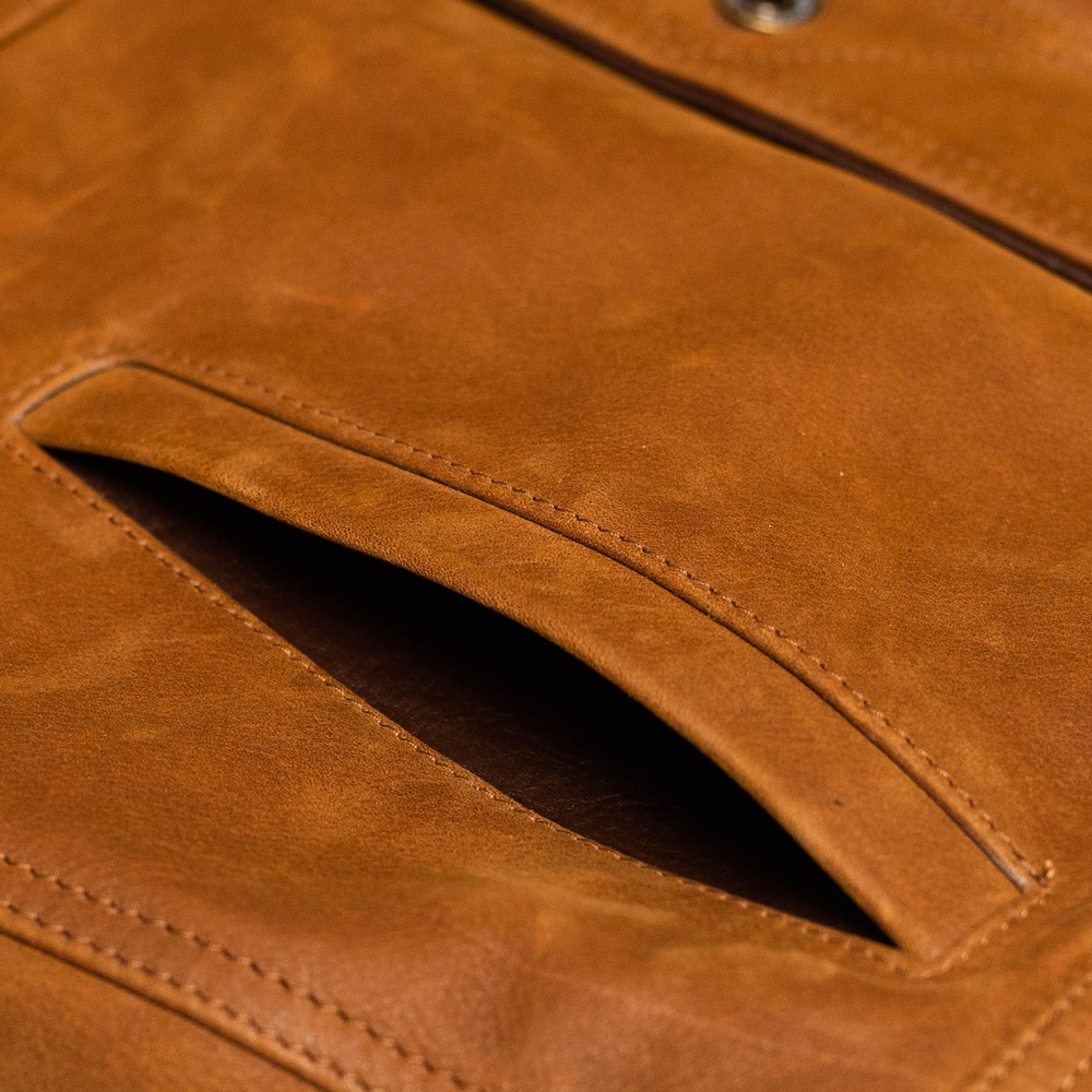 men's brown fringe suede leather jacket leif detail close up