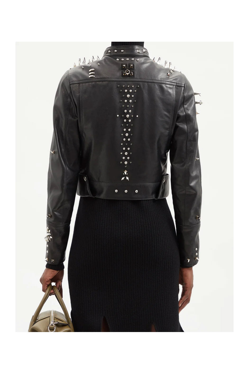 women's black studded leather leather coat elara detail close up
