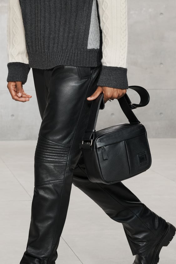 men's black sheepskin leather pants ronan detail close up