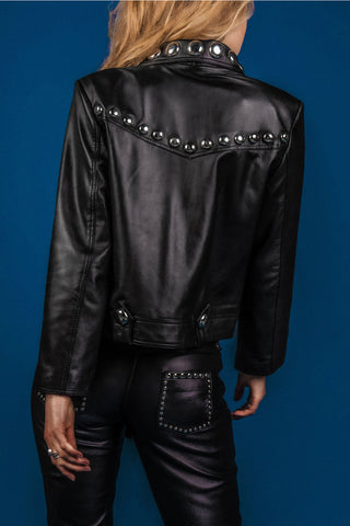 women's black studded leather biker jacket sabine detail close up