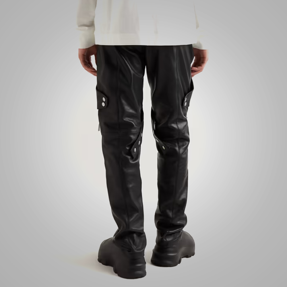 men's black sheepskin leather pants dorian detail close up