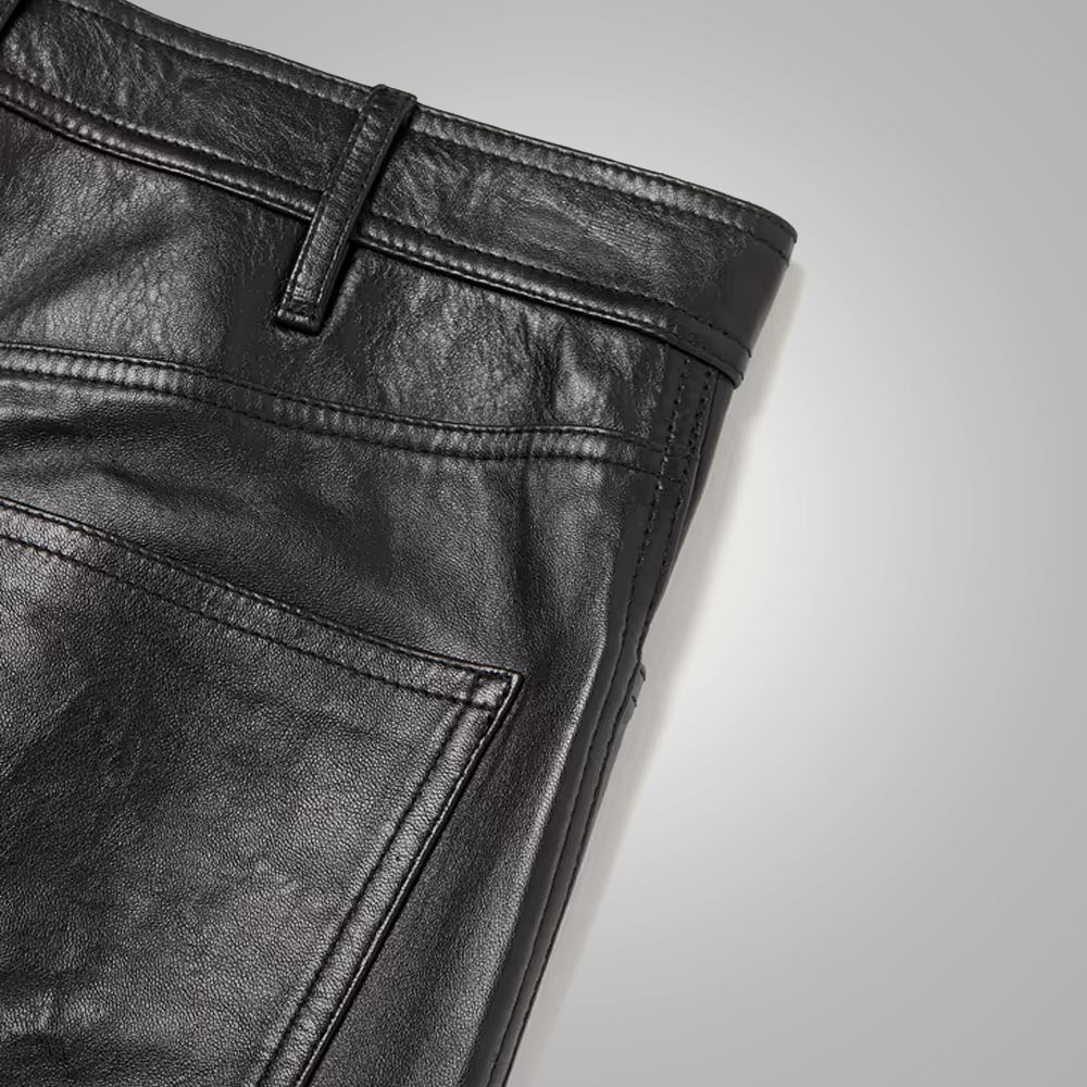 men's black sheepskin leather pants valen detail close up