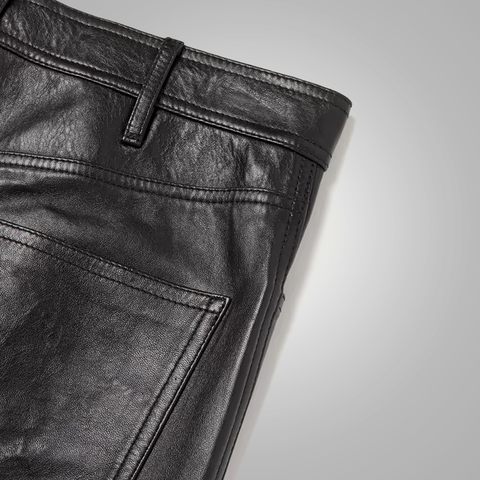 men's black sheepskin leather pants valen detail close up