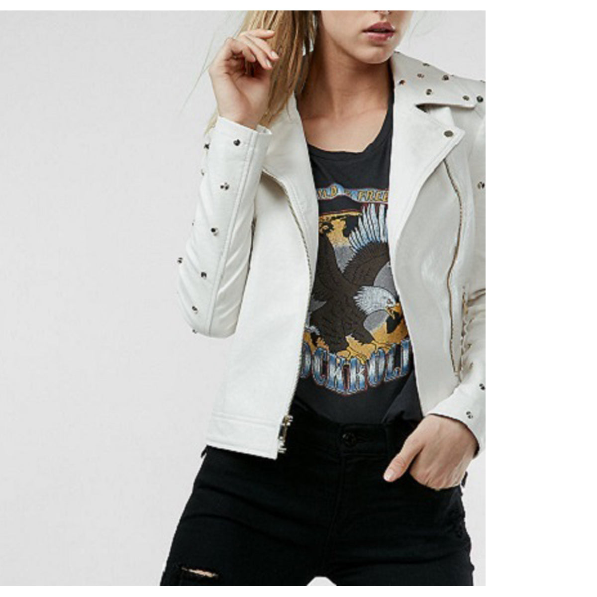 Ladies White Leather Gold Studded Party Jacket - AMSEL LEATHERS