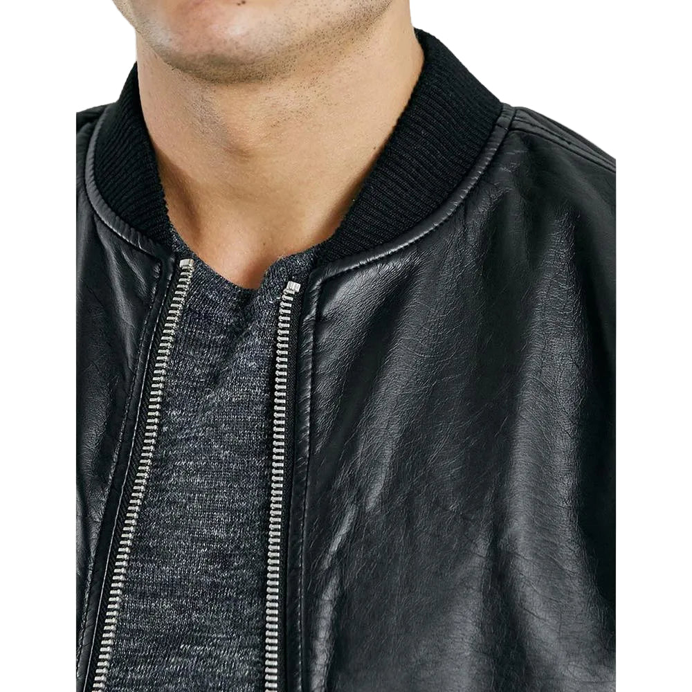 men's black lambskin leather bomber jacket adler detail close up