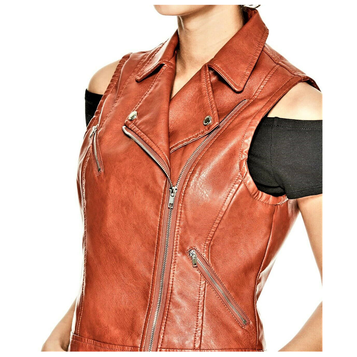 Rust Brown Women Genuine Leather Motorcycle Vest - AMSEL LEATHERS