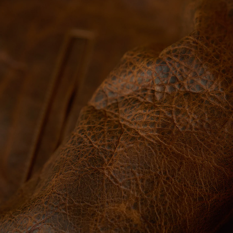 men's brown distressed lambskin leather trucker jacket alaric detail close up