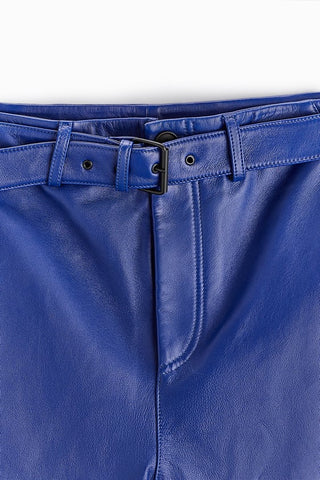 men's blue sheepskin leather pants alaric detail close up