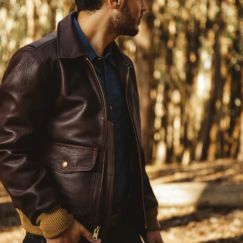men’s sheepskin leather aviator jacket detail view
