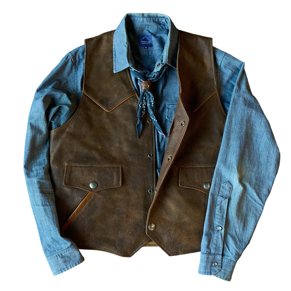 men's brown distressed leather vest marlow detail close up