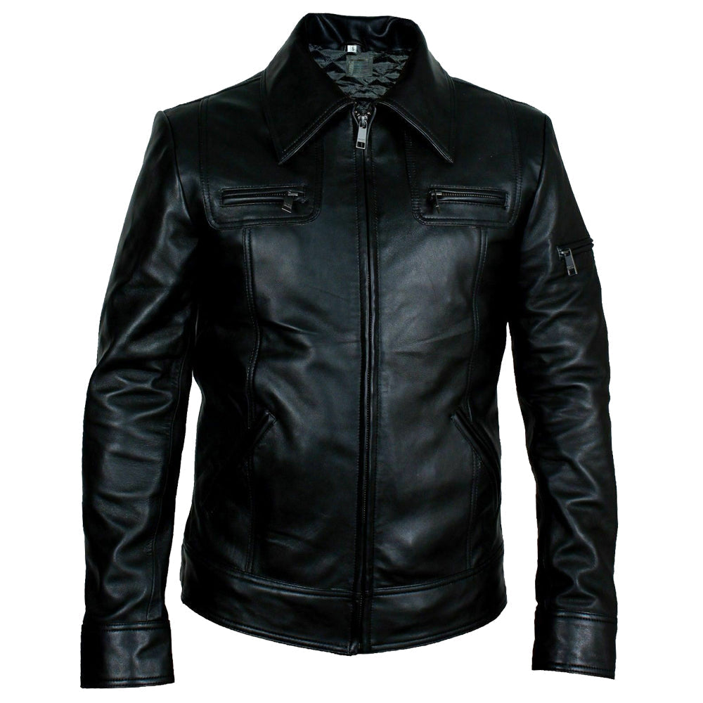 Men Buster Slim Fit Retro Black Leather Jacket - AMSEL LEATHERS