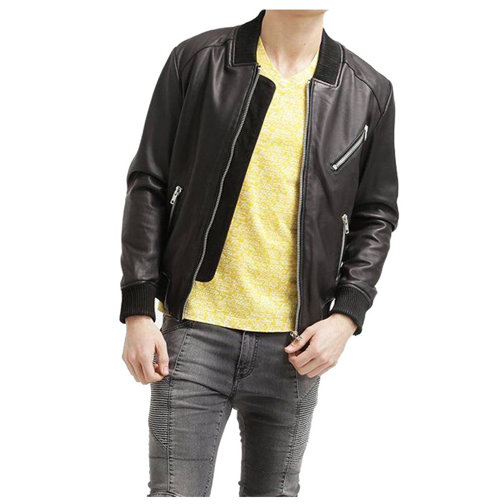 Men Black Bomber Leather Jacket - AMSEL LEATHERS