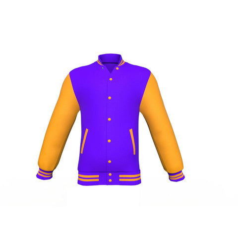 purple varsity letterman jacket with leather sleeves cassian front view