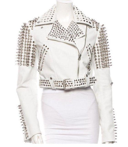 • white studded leather jacket mens front view

