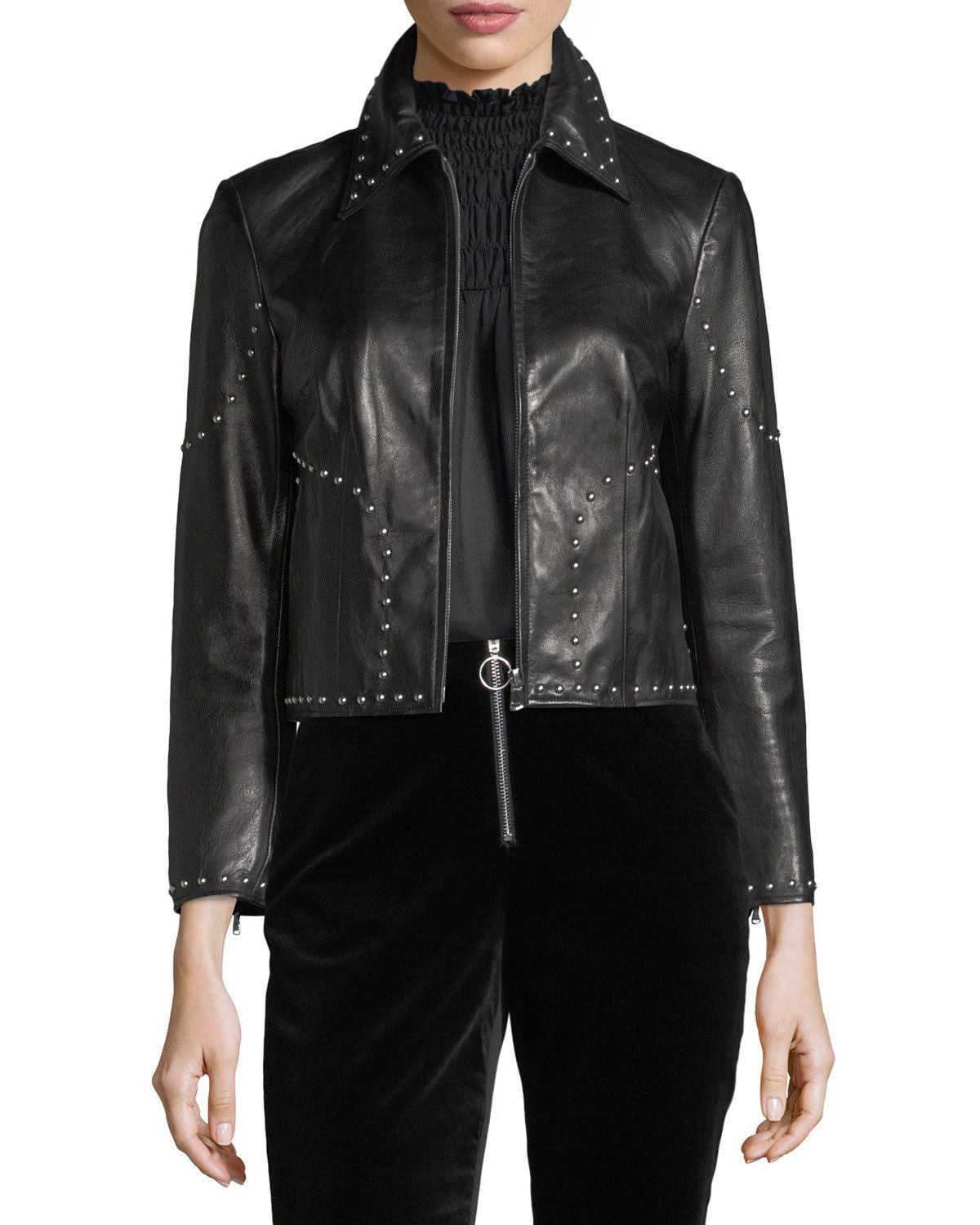 Stylish Studded Cropped Front Zip Women's Genuine Lambskin Leather biker Jacket - AMSEL LEATHERS