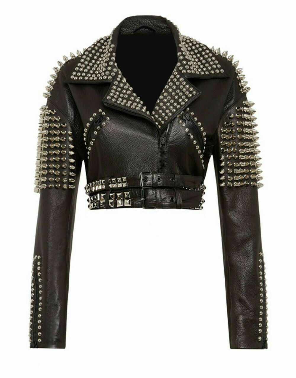 Women Silver Studs Short Body Leather Jacket - AMSEL LEATHERS