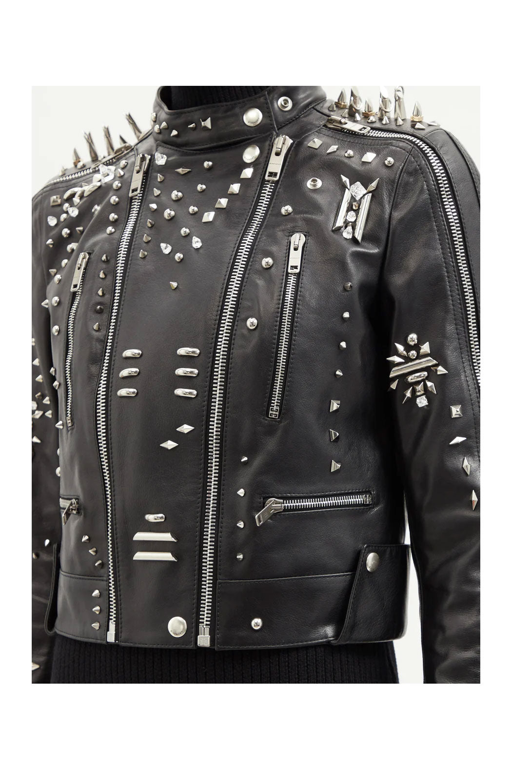 women's black studded leather leather coat elara texture detail