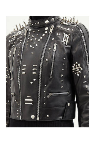 women's black studded leather leather coat elara texture detail