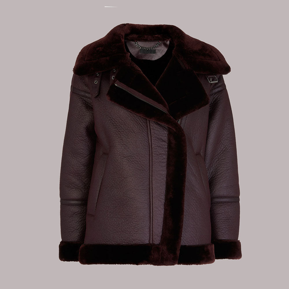 • faux fur shearling biker leather jacket womens front view
