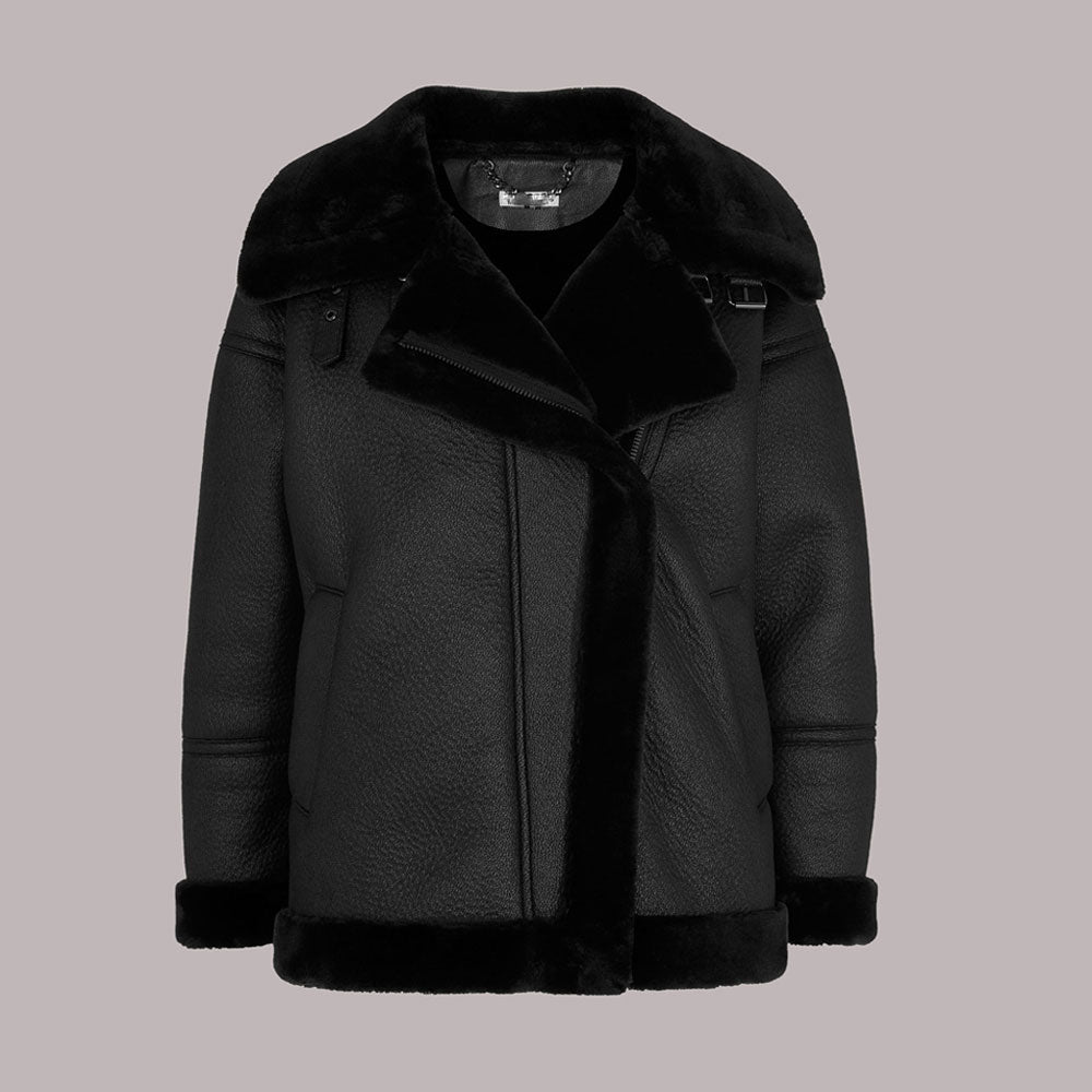 • faux fur shearling biker jacket womens front view
