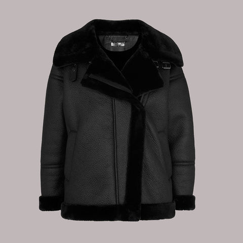 • faux fur shearling biker jacket womens front view

