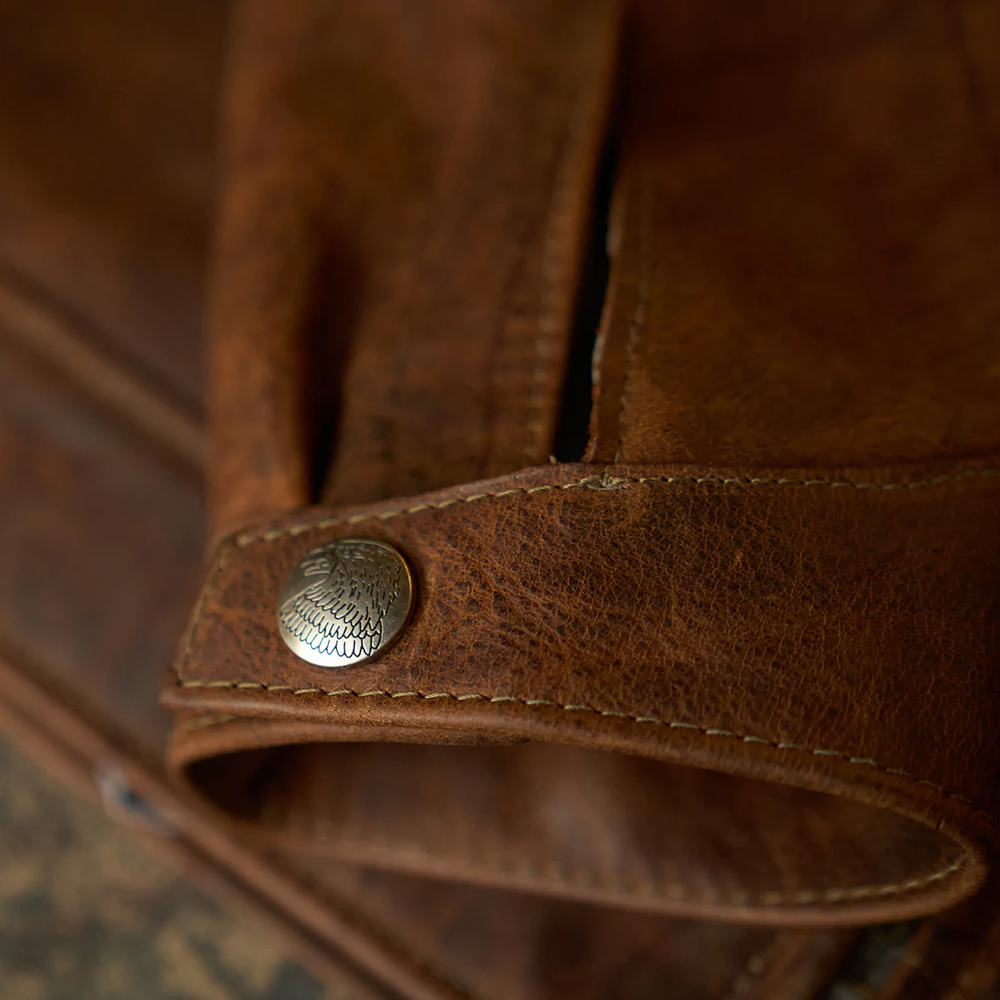 men's brown distressed lambskin leather trucker jacket alaric texture detail