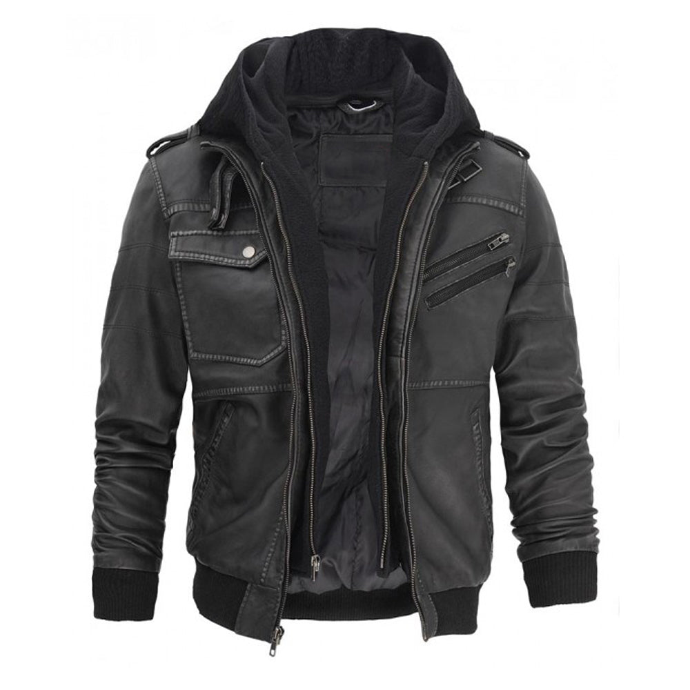 Grey Hooded Bomber Mens Leather Jacket - AMSEL LEATHERS