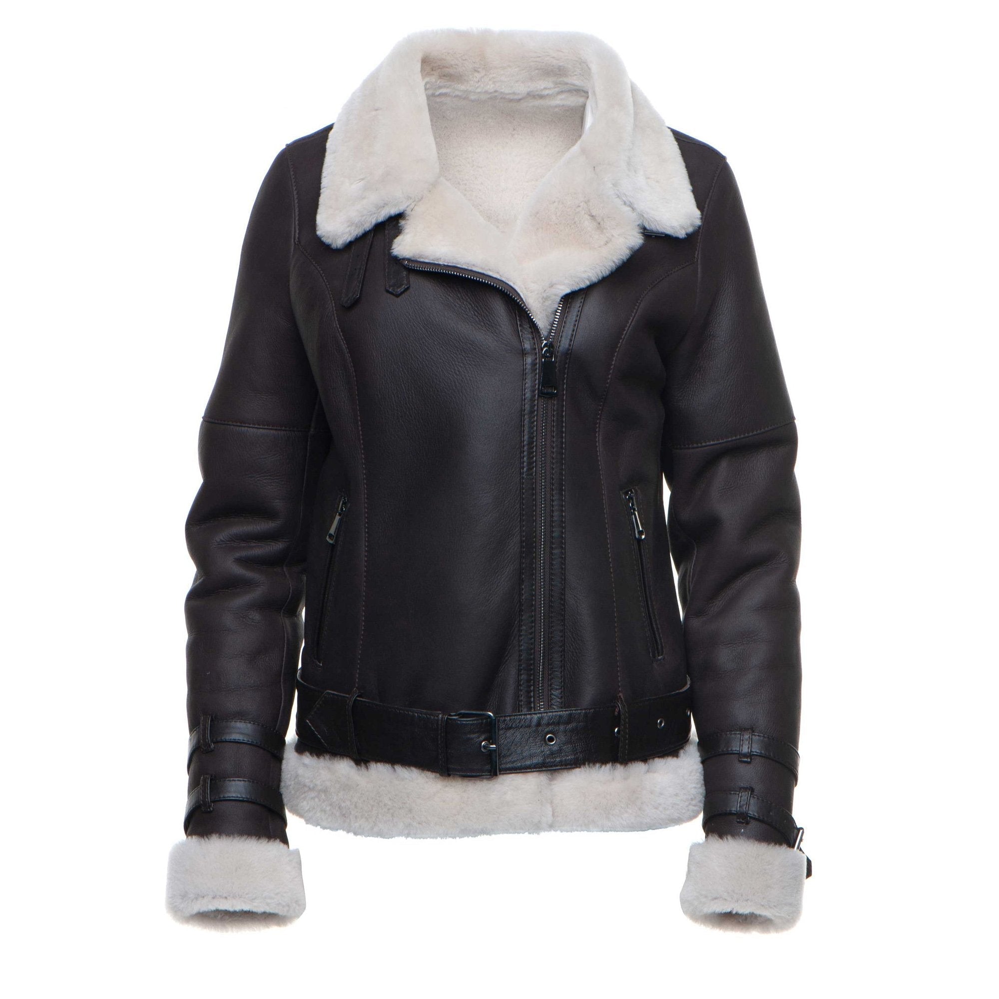 • brown shearling biker jacket womens front view
